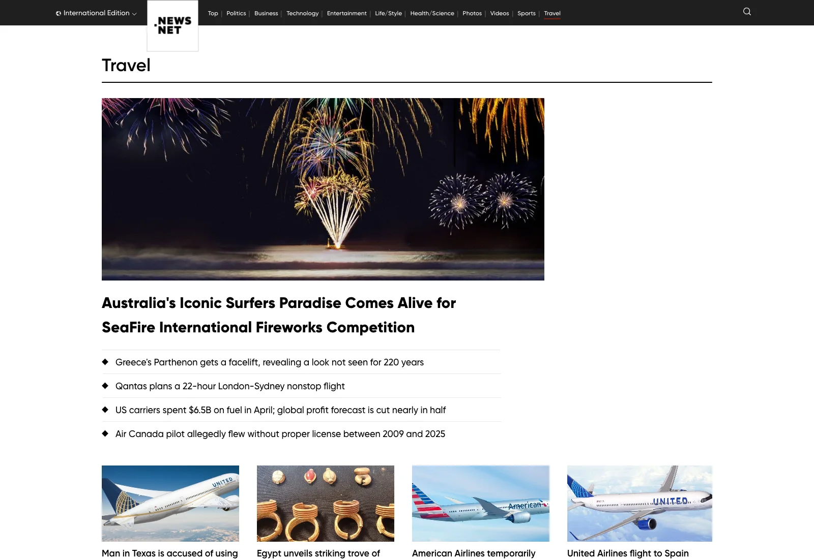 News.net Travel section showing a clean section page with a top story, related headlines and a story grid.
